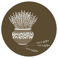 Pussy willow branches in old clay pot. Easter decoration. Spring bouquet. Isolated vector illustration.