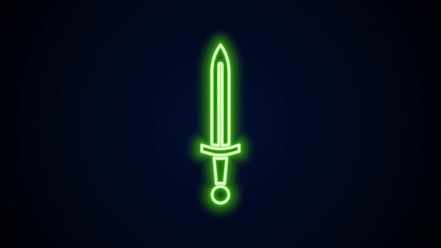Glowing neon line Medieval sword icon isolated on black background. Medieval weapon. 4K Video motion graphic animation.