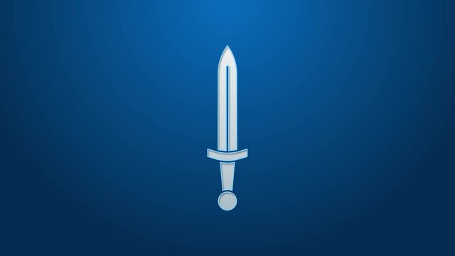 White line Medieval sword icon isolated on blue background. Medieval weapon. 4K Video motion graphic animation.