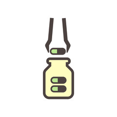 Pharmaceutical and supplement manufacturing industry vector icon. Consist of tweezer filling capsule of drug or medical product in bottle packaging. For healthcare, medical and remedy design element.