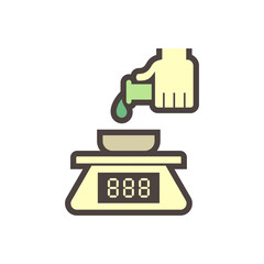 Pharmaceutical production industry or lab test vector icon. Process of weighing substrate consist of balance scale or measurement weigh equipment, liquid or chemical drop, test tube, scientist hand.