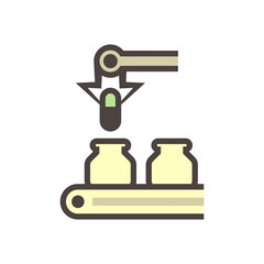 Pharmaceutical and supplement manufacturing industry vector icon. Consist of robot or automated machine filling capsule of drug or medical product in bottle packaging on conveyor and production line.