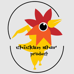chicken head star logo with body parts and abstract egg shell