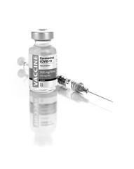 Coronavirus COVID-19 Vaccine Vial and Syringe On Reflective White Background
