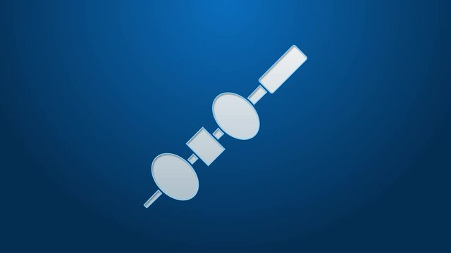 White line Olive and cheese on chopstick icon isolated on blue background. Canape, tapas with cheese and olive. 4K Video motion graphic animation.