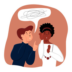 Vector flat illustration communication, gossip, friends, two women about different things. One whispers something in other s ear. Concept information exchange, misinformation, secrets, public news.