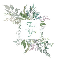 Watercolor of green leaves with thank you word in square space frame, illustration green nature background concept