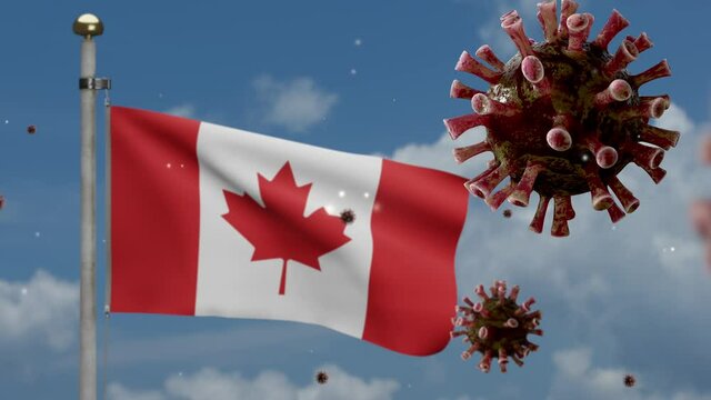 3D illustration Flu coronavirus over Canadian flag, pathogen attacks respiratory tract. Canada banner waving with pandemic of Covid19 virus infection concept. Closeup of real fabric texture ensign-Dan