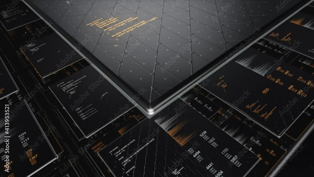 Poster flying through futuristic technological interface with big data analysis. animation. modern high tec