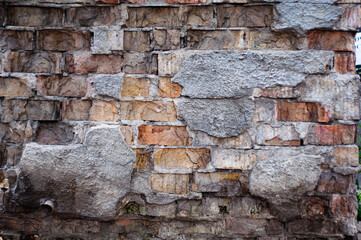Old background with rough red bricks, grunge rough wall surface, dirty weathered blank lettering template design.