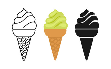 Ice Cream green horn with pistachio cartoon set, line icon and black glyph style. Kawaii summer collection fast food. Comic hand drawn sketch cute cone Ice cream. Isolated dessert vector illustration