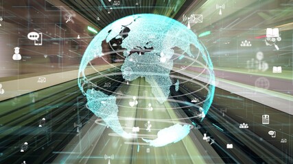 Fast motion digital data flow on road with global network graphic modernization showing concept of...