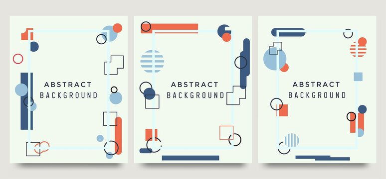 set of abstract background with geometric shape vector. fit for magazine, leaflet, flyer, brochure. halftone element, rectangle, circle. simple design concept with blue, red, white color.
