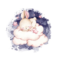 Cute little bunny sleeping on the cloud