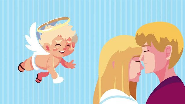 happy valentines day card with cupid angel flying and blond lovers couple