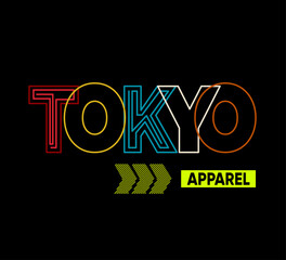 Vector graphic of lettering Tokyo with red, yellow, blue, green and white stroke isolated on black background. Perfect for t-shirts design, clothing, hoodies, poster etc. Editable stroke.