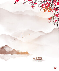 Oriental landscape with sakura blossom, high misty mountains and fishing boat. Traditional oriental ink painting sumi-e, u-sin, go-hua.