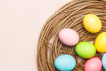 Happy Easter card with easter eggs in cream colors. Minimal easter concept with copy space for web banner.