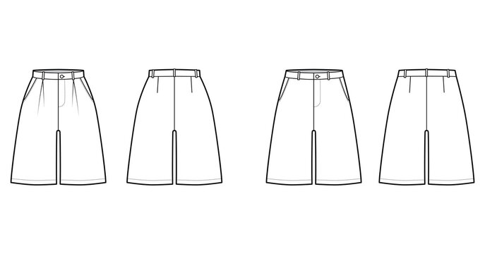 Set Of Shorts Baggy Bermudas Dress Pants Technical Fashion Illustration With Knee Length, Single Pleat, Normal Low Waist, High Rise. Flat Bottom Template Front, Back, White Color. Women Men CAD Mockup