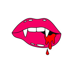 Vampire female mouth, pink lips and teeth with red blood drops, vector illustration.
