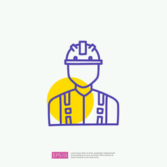 engineer with safety hardhat helmet icon. engineering and architecture related doodle concept with fill color line vector illustration