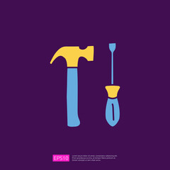 engineering related concept doodle icon with hammer and screw. maintenance and equipment sign symbol. fill color line vector illustration