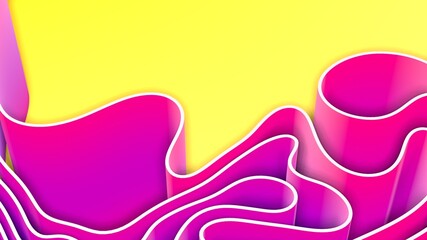 Abstract 3D render colorful yellow purple splines rows light and shadow curves flowing motion movement surface texture waves background.