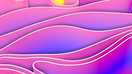 Abstract 3D render colorful yellow purple splines rows light and shadow curves flowing motion movement surface texture waves background.