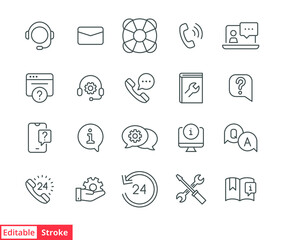 Help and support line icon set. Simple outline style symbol for web template and app. Online service and call center concept. Vector illustration isolated on white background. Editable stroke EPS 10