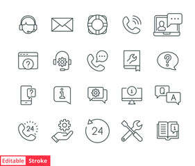 Help and support line icon set. Simple outline style symbol for web template and app. Online service and call center concept. Vector illustration isolated on white background. Editable stroke EPS 10