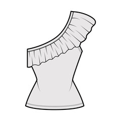 Top one-shoulder technical fashion illustration with ruffles, fitted body, stretch cotton. Flat apparel shirt template front, grey color. Women, men unisex CAD mockup