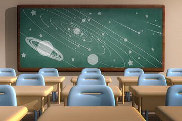 3D rendering of a Class Room with a Solar System Chalk Drawing on a Blackboard