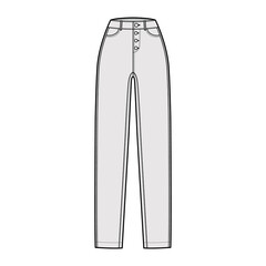 Jeans botton fly tapered Denim pants technical fashion illustration with full length, normal waist, high rise, 5 pockets. Flat bottom template front, grey color style. Women, men, unisex CAD mockup