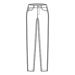 Jeans tapered Denim pants technical fashion illustration with full length, low waist, rise, 5 pockets, Rivets, belt loops. Flat bottom template front, white, color style. Women, men, unisex CAD mockup