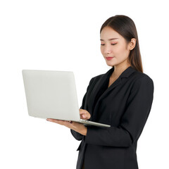 Young asian businesswoman in a black suit holding a laptop computer. Portrait on white background with studio light.