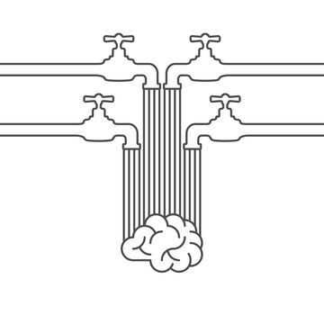 water streams pouring down from 4 taps and washing the brain