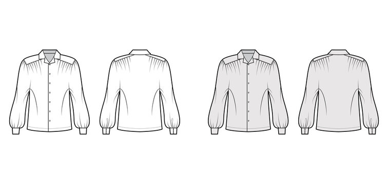 Gaucho blouse technical fashion illustration with dolman puff long sleeves, open collar, oversized, button up. Flat apparel top template front, back, white, grey color. Women, men unisex CAD mockup