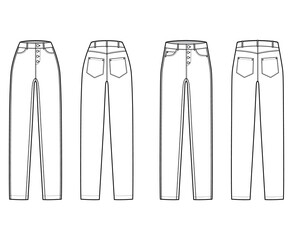 Set of Jeans botton fly tapered Denim pants technical fashion illustration with full length, normal low waist, high rise, 5 pockets. Flat bottom template front back, white color style. Women, men CAD