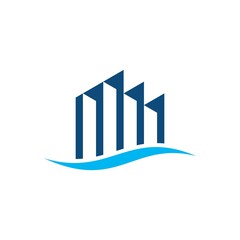 Financial buildings and river vector logo template