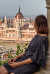 Fototapeta premium Hungarian parliament building seen from Fisherman's Bastion in Budapest, Hungary.