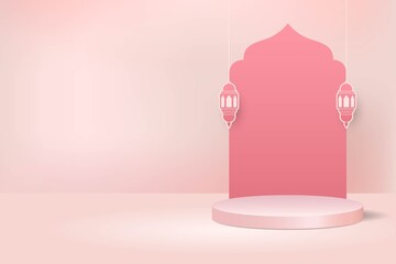 Islamic display podium decoration background 3d vector with latern for ramadan, eid al fitr sale banner