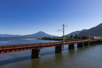 Obraz premium JR日豊本線と桜島の風景 鹿児島県姶良市