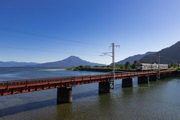 JR日豊本線と桜島の風景　鹿児島県姶良市