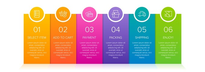 Concept of shopping process with 6 successive steps. Six colorful graphic elements. Timeline design for brochure, presentation, web site. Infographic design layout.