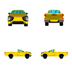 set of yellow single cab pickup truck on white background