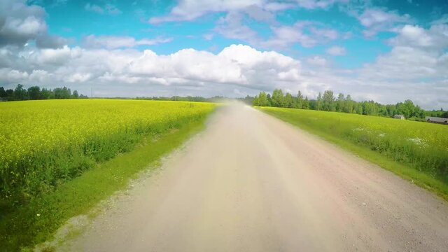 POV drive back view, countryside remote nature with canola fields, gravel dusty road, blue sky clouds summer day, car travel gopro point of view