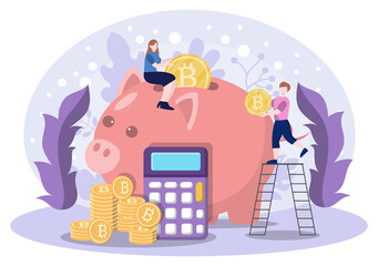 Obraz premium Cryptocurrency Illustration Flat Design with Businessman Miners and Coins. for Financial Technology, Blockchain, and Data Analysis.