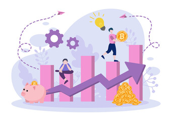 Cryptocurrency Illustration Flat Design with Businessman Miners and Coins. for Financial Technology, Blockchain, and Data Analysis.