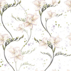 Floral seamless pattern of tender flowers. Hand drawn watercolor illustration.
