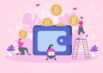 Cryptocurrency Illustration Flat Design with Businessman Miners and Coins. for Financial Technology, Blockchain, and Data Analysis.